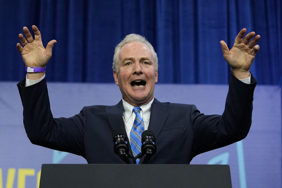 Sen. Chris Van Hollen, D-Md., who running for re-election, speaks at campaign event for Maryland gubernatorial candidate Wes Moore, Saturday, Oct. 29, 2022, in Baltimore, Md. (AP Photo/Julio Cortez)