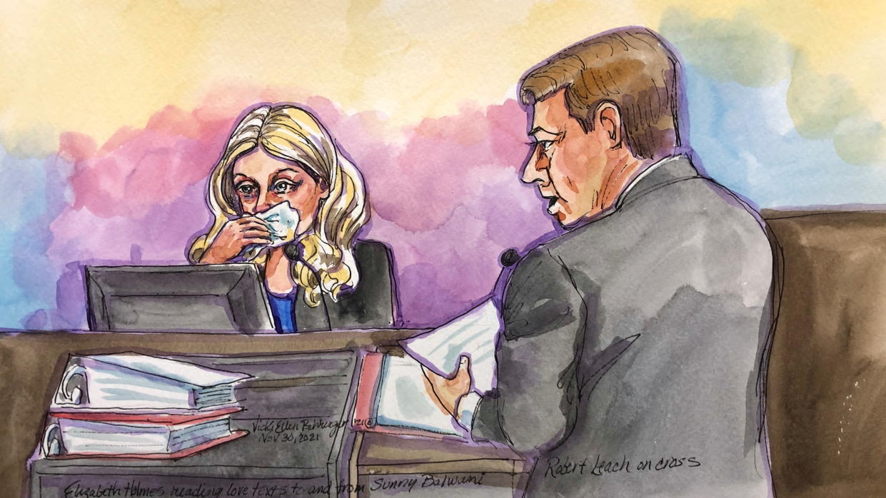 Theranos founder Elizabeth Holmes becomes emotional as she is asked to read romantic texts between herself and ex-boyfriend Ramesh ?Sunny? Balwani as she is cross examined by prosecutor Robert Leach at Robert F. Peckham U.S. Courthouse during her trial, in San Jose, California, U.S., in this courtroom sketch, November 30, 2021. REUTERS/Vicki Behringer