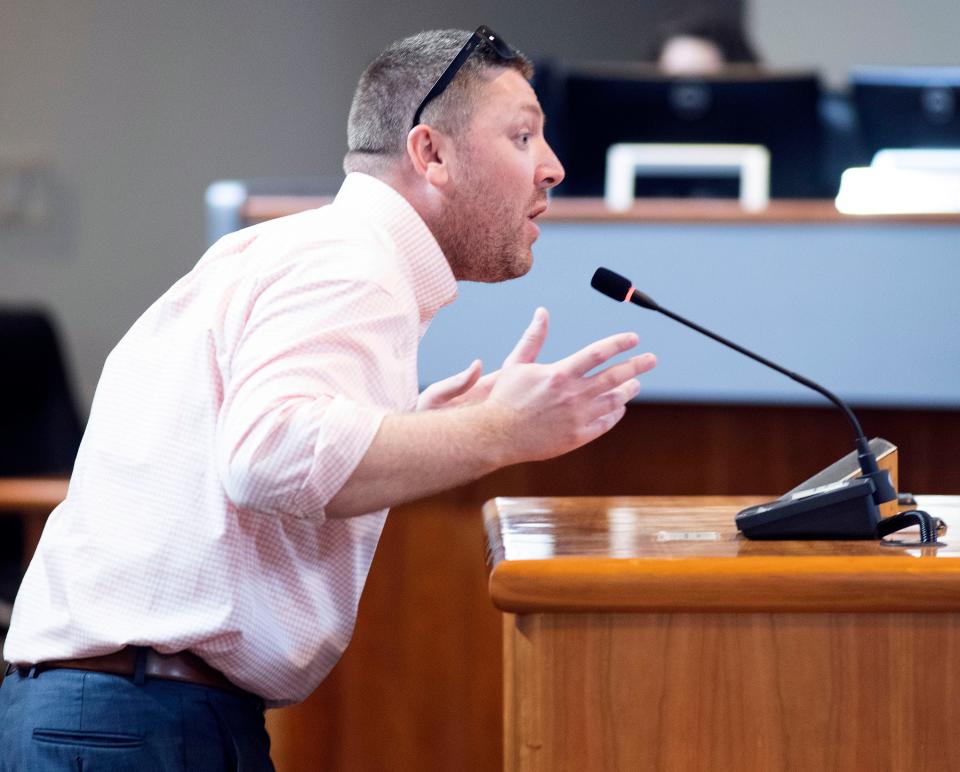 Local business owner Chris Smith speaks before the Santa Rosa County Commission on Tuesday, July 27, 2021. Smith is being sued for allegedly using Commissioner Sam Parker's name and likeness in a sales promotion without authorization.