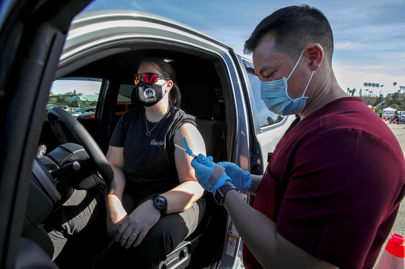 FILE PHOTO: COVID-19 mass-vaccination of healthcare workers takes place at Dodger Stadium