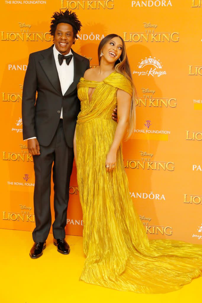 <p>The rapper attended the London premiere of The Lion King, where Beyoncé voiced the part of Nala in the live action remake opposite Donald Glover.</p><p>While at the premiere, the pair mingled with royalty, as they were <a href="https://www.elle.com/uk/life-and-culture/a28376968/meghan-markle-beyonce-lion-king/" rel="nofollow noopener" target="_blank" data-ylk="slk:photographed meeting Meghan Markle and Prince Harry;elm:context_link;itc:0;sec:content-canvas" class="link ">photographed meeting Meghan Markle and Prince Harry</a>.</p>