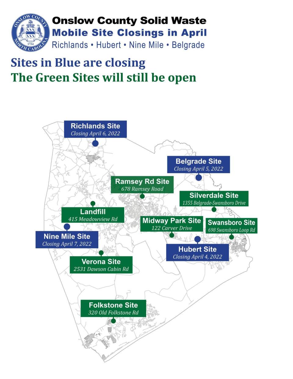 The sites in blue are closing.