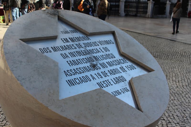 A memorial marking the Jewish Massacre of 1506, is seen in Lisbon