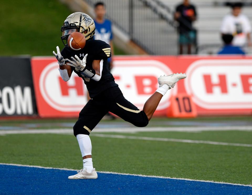 Lubbock High's Trini Tijerina catches the ball for a touchdown against San Angelo Lake View, Thursday, Sept. 15, 2022, at Lowrey Field At PlainsCapital Park. San Angelo Lake View won, 35-21.