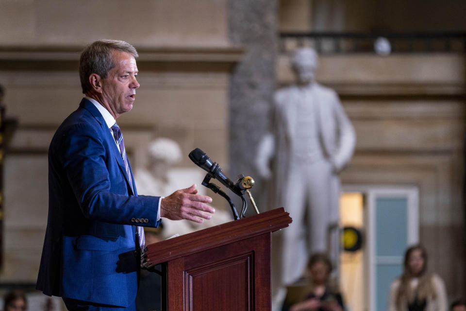 Nebraska Gov. James Pillen speaks during an unveiling ceremony for the Congressional statue of Willa Cather, in Statuary Hall on Capitol Hill in Washington, Wednesday, June 7, 2023. Willa Cather was one of the country's most beloved authors, writing about the Great Plains and the spirit of America. (AP Photo/Andrew Harnik)