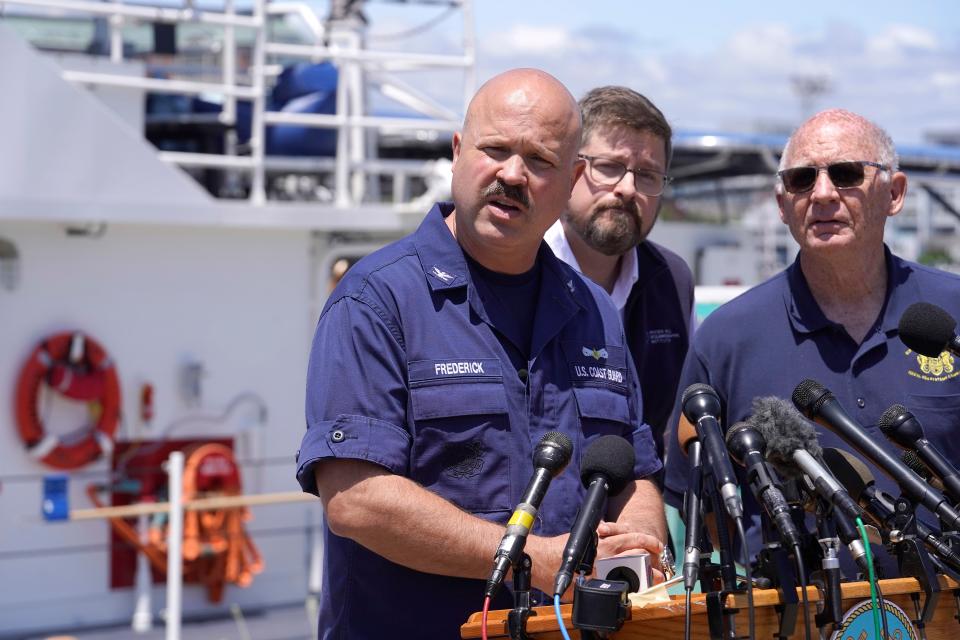 Captain Jamie Frederick addresses the press at Coast Guard Base Boston on June 21, 2023 (Copyright 2023 The Associated Press. All rights reserved)