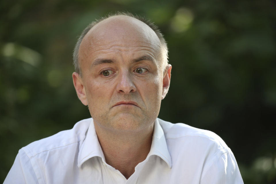 Dominic Cummings, senior aide to Prime Minister Boris Johnson, makes a statement inside 10 Downing Street, London, Monday May 25, 2020, over allegations he breached coronavirus lockdown restrictions. In an exceptionally rare televised statement, Cummings gave a detailed account of his movements in late March and early April, which have caused an intense political storm. (Jonathan Brady/Pool via AP)