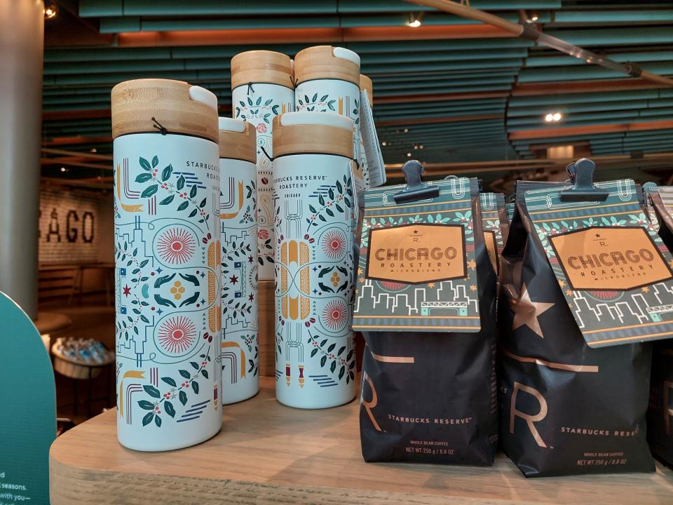 Merchandise for sale at the Starbucks Reserve Roastery in Chicago