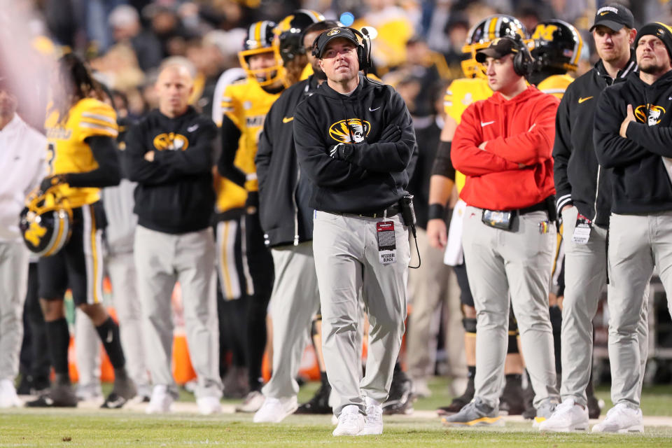 Nov 24, 2023; Fayetteville, Arkansas, USA; Missouri Tigers head coach Eli Drinkwitz during the fourth quarter against the Arkansas Razorbacks at Donald W. Reynolds Razorback Stadium. Missouri won 48-14. Mandatory Credit: Nelson Chenault-USA TODAY Sports