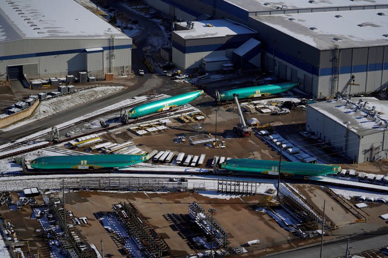 FILE PHOTO: Airplane fuselages bound for Boeing's 737 Max production facility await shipment on rail sidings at their top supplier, Spirit AeroSystems Holdings Inc, in Wichita