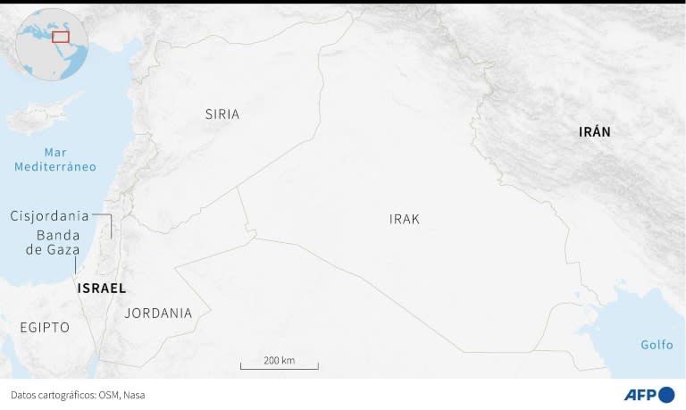 Mapa localizando Irán, Irak, Siria, Jordania, Israel y los territorios palestinos (Jonathan Walter, Aníbal Maíz Cáceres, Olivia Bugault)