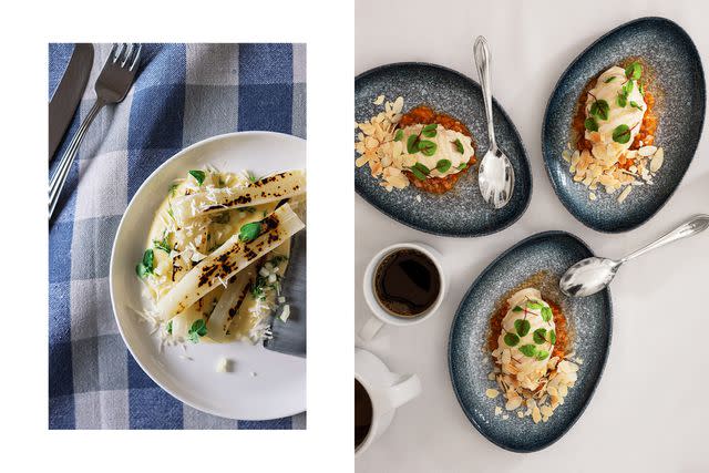 <p>From left: COURTESY OF RESTAURANG OXENSTIERNAN; COURTESY OF VAXTHUSET</p> From left: Salsify, a root vegetable that can be harvested in winter, at the restaurant Oxenstiernan; at Växthuset, ice cream is topped with a fruit compote and toasted almonds.