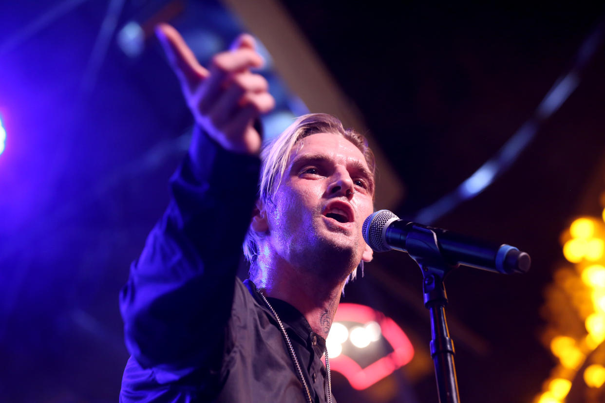 LAS VEGAS, NEVADA - JULY 27: Singer and producer Aaron Carter performs during the Pop 2000 Tour at the Fremont Street Experience on July 27, 2019 in Las Vegas, Nevada. (Photo by Gabe Ginsberg/Getty Images)