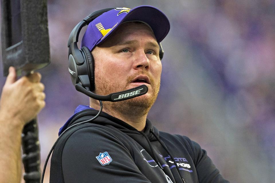 MINNEAPOLIS, MN - JANUARY 09: Minnesota Vikings co-defensive coordinator Adam Zimmer stands on the sidelines in the second quarter of the game against the Chicago Bears at U.S. Bank Stadium on January 9, 2022 in Minneapolis, Minnesota. (Photo by Stephen Maturen/Getty Images)