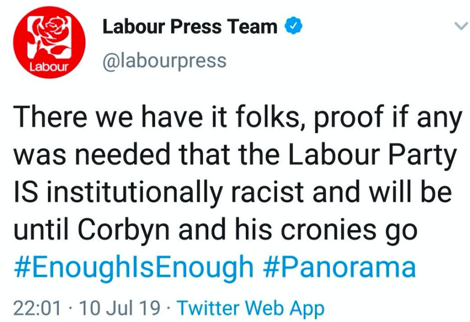 A now-deleted tweet sent out by the Labour press team after the programme aired (PA)