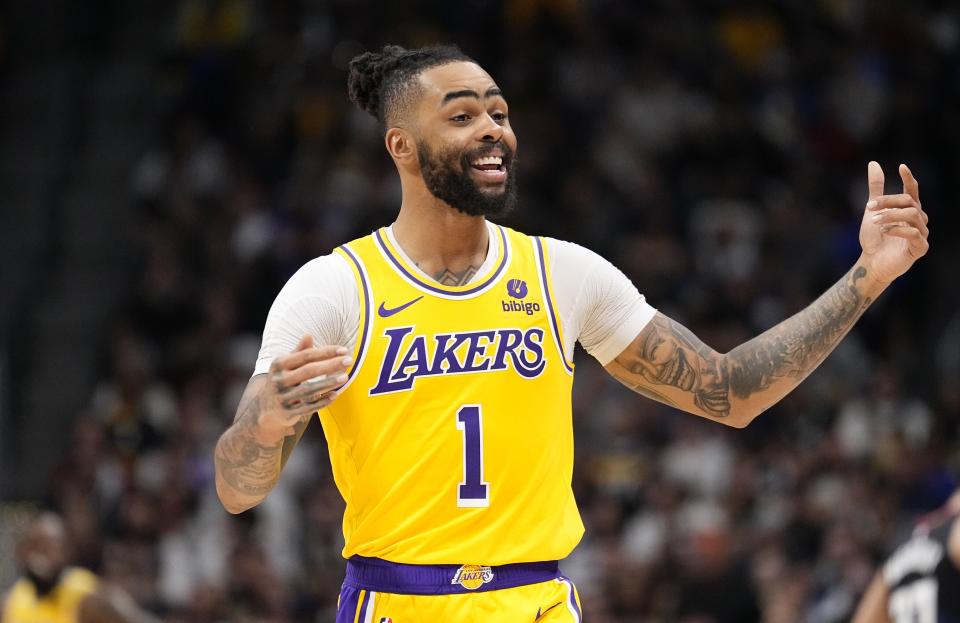 Los Angeles Lakers guard D'Angelo Russell reacts during the second half against the Denver Nuggets in Game 2 of an NBA basketball first-round playoff series Monday, April 22, 2024, in Denver. (AP Photo/Jack Dempsey)