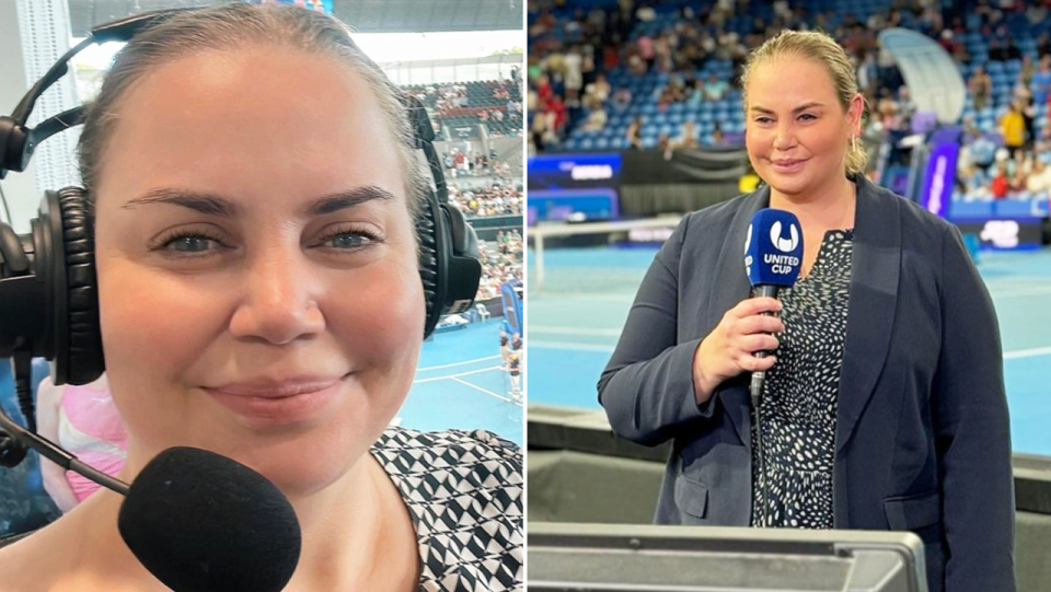 Jelena Dokic smiles during commentary.