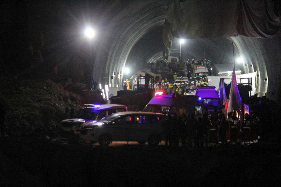 Ambulances drive out of the tunnel carrying rescued workers in Silkyara in the northern Indian state of Uttarakhand, India, Tuesday, Nov. 28, 2023. India’s transportation minister says all 41 construction workers who were trapped in a collapsed mountain tunnel in the country’s north have been pulled out. (AP Photo)