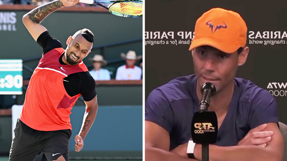 Rafa Nadal (pictured right) during an Indian Wells press conference and (pictured left) Nick Kyrgios smashing his racquet.