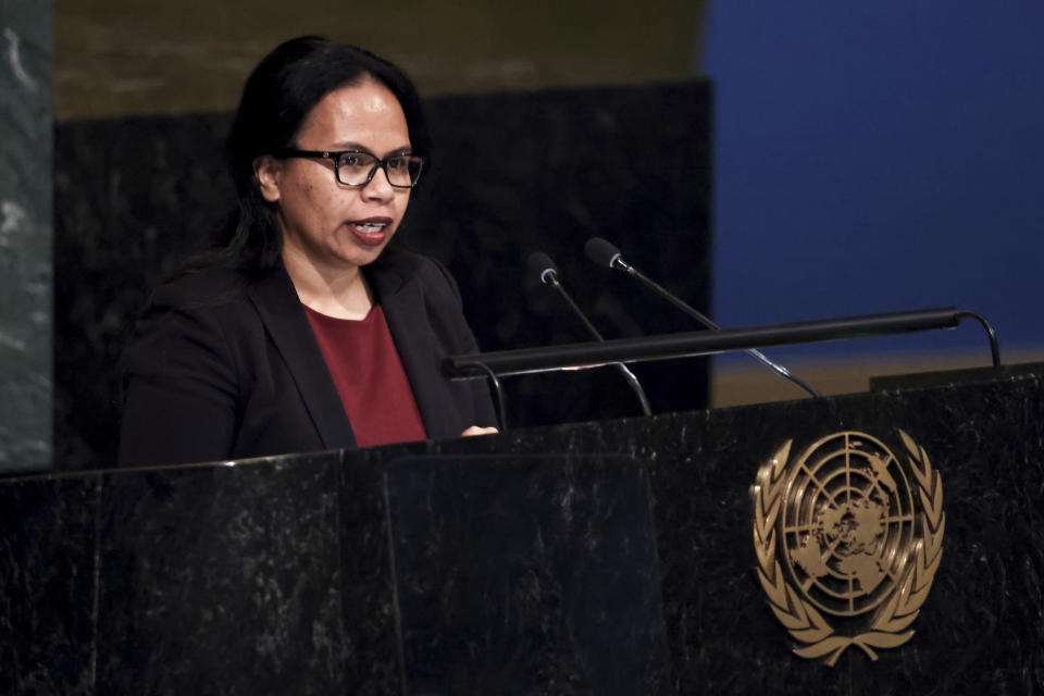 Permanent representative to the United Nations Josie Ann Dongobir of Nauru addresses the 77th session of the U.N. General Assembly, Monday, Sept. 26, 2022, at the U.N. headquarters. (AP Photo/Julia Nikhinson)
