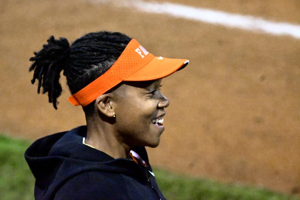 Florida A&M softball head coach Camise Patterson rejoices during game against Florida State at JoAnne Graf Field in Tallahassee, Florida, Tuesday, Feb. 14, 2023