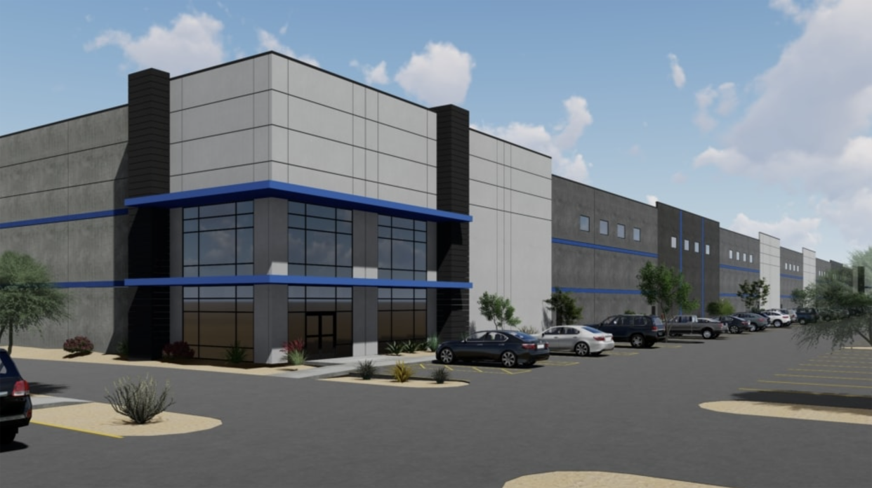 Pictured is a rendering of BlueScope Properties Group’s new warehouse, Blue Cactus Logistics, on the northwest corner of Cactus Road and Summit Way in Surprise.