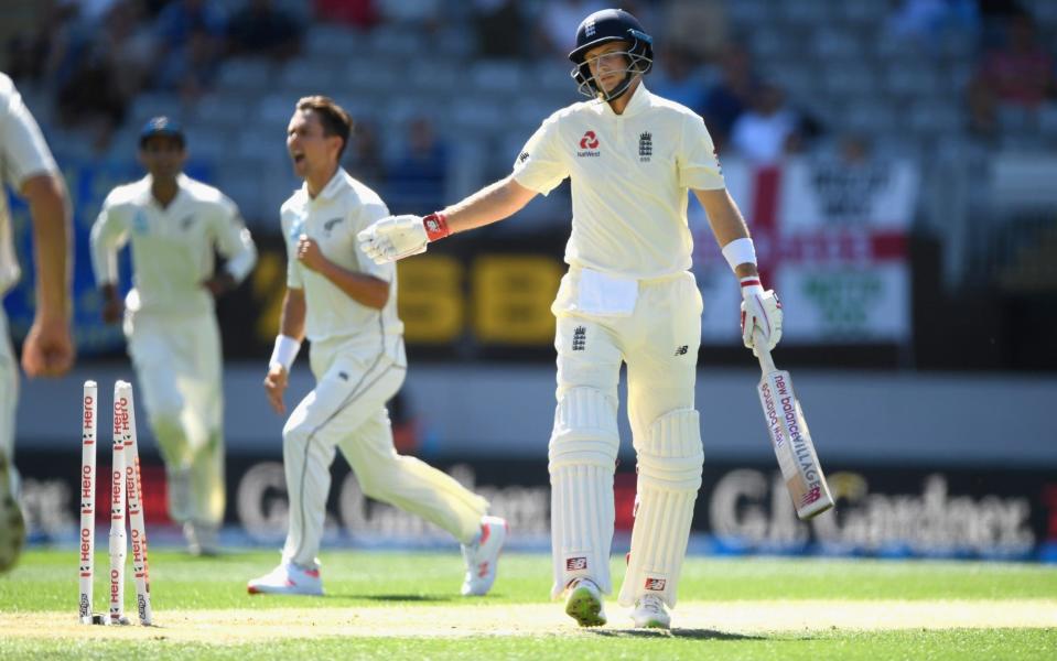 Joe Root walks off after being bowled by Trent Boult for a duck - Getty Images AsiaPac
