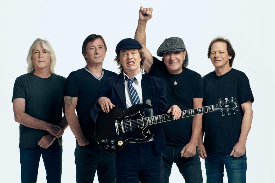 AC/DC’s 2020 album “Power Up” featured the band’s classic “Back in Black”-era lineup of, from left, Cliff Williams (bass guitar), Phil Rudd (drums), Angus Young (lead guitar) and Sarasota resident Brian Johnson (lead vocals). Stevie Young, far right, filled in on rhythm guitar for his uncle Malcolm Young, who died in 2017.