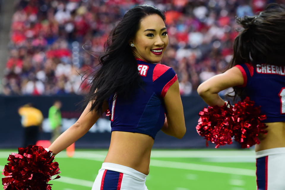 <p>The Houston Texans cheerleaders rev up the crowd in a salute to service during the football game between the Indianapolis Colts and the Houston Texans on November 5, 2017 at NRG Stadium in Houston, Texas. (Photo by Ken Murray/Icon Sportswire) </p>