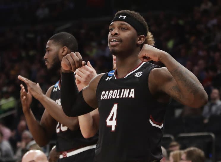 South Carolina guard Rakym Felder (4) reacts in the second half against Baylor during an East Regional semifinal game of the NCAA men’s college basketball tournament, Friday, March 24, 2017, in New York. (AP Photo/Frank Franklin II)