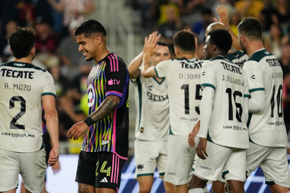 Jul 24, 2024; Columbus, OH, USA; MLS forward Cucho Hernandez of the Columbus Crew (24) reacts to a Liga MX goal during the MLS All-Star Game at Lower.com Field.