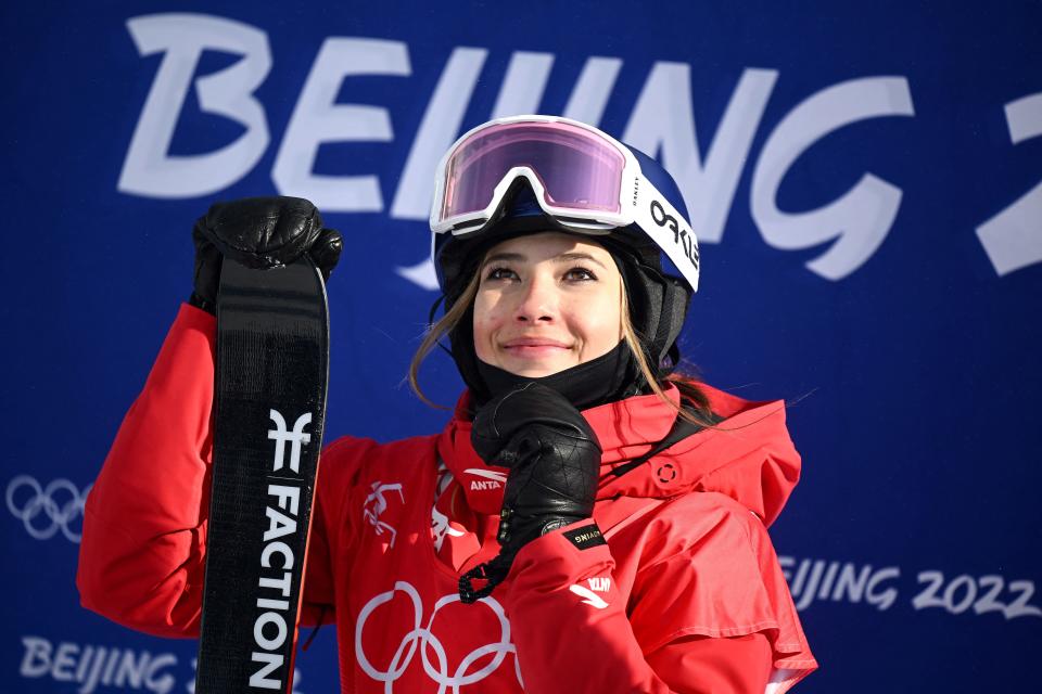 China's Eileen Gu waits to see her score in the freeski slopestyle final during the Beijing 2022 Winter Olympic Games at the Genting Snow Park H & S Stadium in Zhangjiakou on February 15, 2022. (MARCO BERTORELLO/AFP via Getty Images)