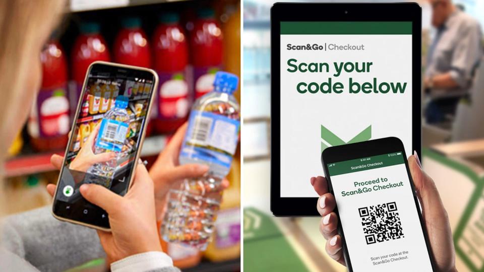 A woman scanning a bottle of water with Scan&Go app on the left, and a shopper passing through the Scan&Go checkout with a mobile phone. (Images: Woolworths)