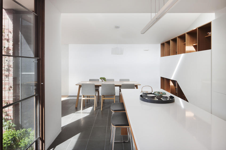 A kitchen island with decorative tray