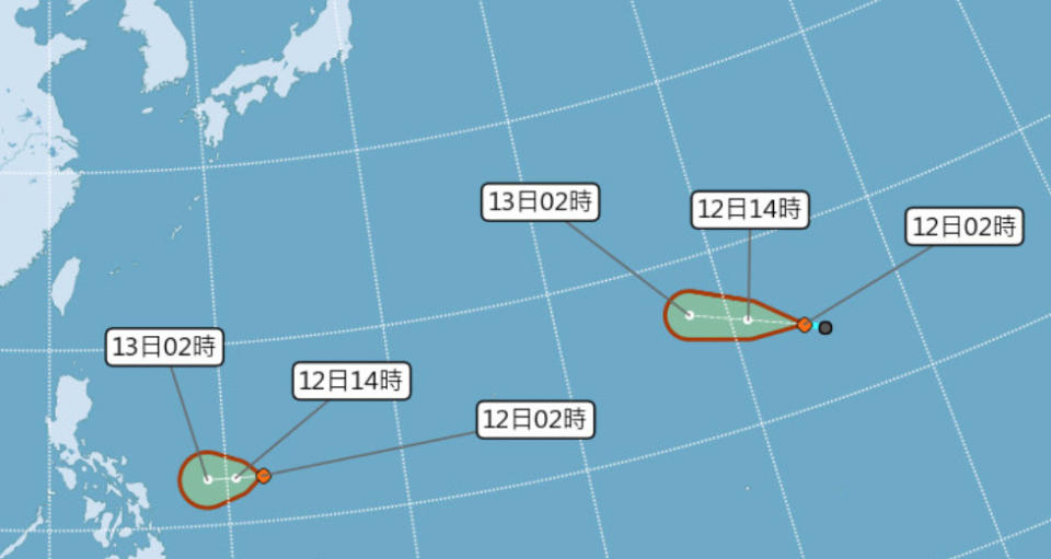 目前西北太平洋上有2個熱低壓發展有機會成颱，若屆時雙颱生成將是今年第25號颱風「風神」與第26號颱風「海鷗」，提醒民眾留意！（圖片來源：中央氣象局，下同）