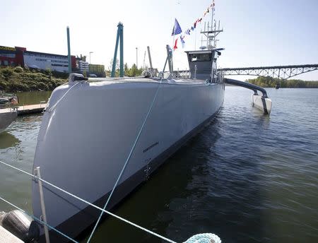 The autonomous ship "Sea Hunter", developed by DARPA, is shown docked in Portland, Oregon after its christening ceremony, April 7, 2016. REUTERS/Steve Dipaola