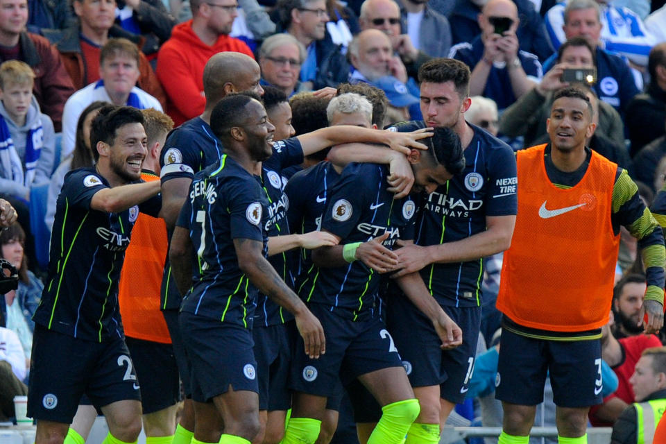 BRIGHTON, ENGLAND - MAY 12:  Riyad Mahrez (26) of Manchester City celebrates after he scores a goal to make the score 1-3 during the Premier League match between Brighton & Hove Albion and Manchester City at American Express Community Stadium on May 12, 2019 in Brighton, United Kingdom. (Photo by MB Media/Getty Images)