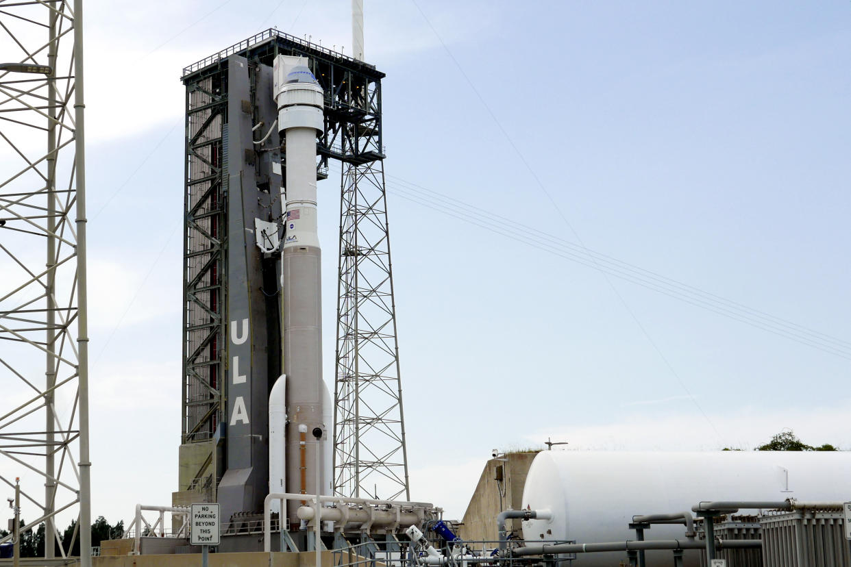 A United Launch Alliance Atlas V rocket that will launch Boeing's CST-100 Starliner spacecraft to the International Space Station stands ready on launch complex 41 at the Cape Canaveral Space Force Station in Cape Canaveral, Fla., Wednesday, May 18, 2022. The launch is scheduled for Thursday evening. (AP Photo/John Raoux)