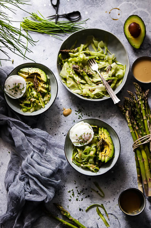 <p>Happy Kitchen</p><p>Vibrant and crisp shaved asparagus salad with peanut dressing is perfect for Easter brunch or any springtime gathering. Raw asparagus is paired with cucumber, avocado and egg for a nutritious and flavorful spring dish.</p><p><strong>Get the recipe: <a href="https://happykitchen.rocks/shaved-asparagus-salad/" rel="nofollow noopener" target="_blank" data-ylk="slk:Shaved Asparagus Salad;elm:context_link;itc:0;sec:content-canvas" class="link ">Shaved Asparagus Salad</a></strong></p>