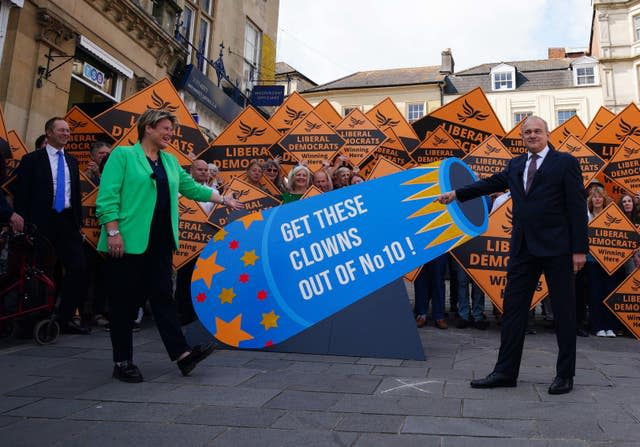 Liberal Democrat MP Sarah Dyke with Sir Ed Davey in Frome, Somerset, after winning the by-election