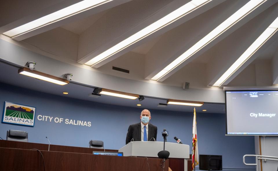 Steve Carrigan, talks to members of the media during his introduction as the new city manager in Salinas, Calif., on Wednesday, Jan., 13, 2021. 