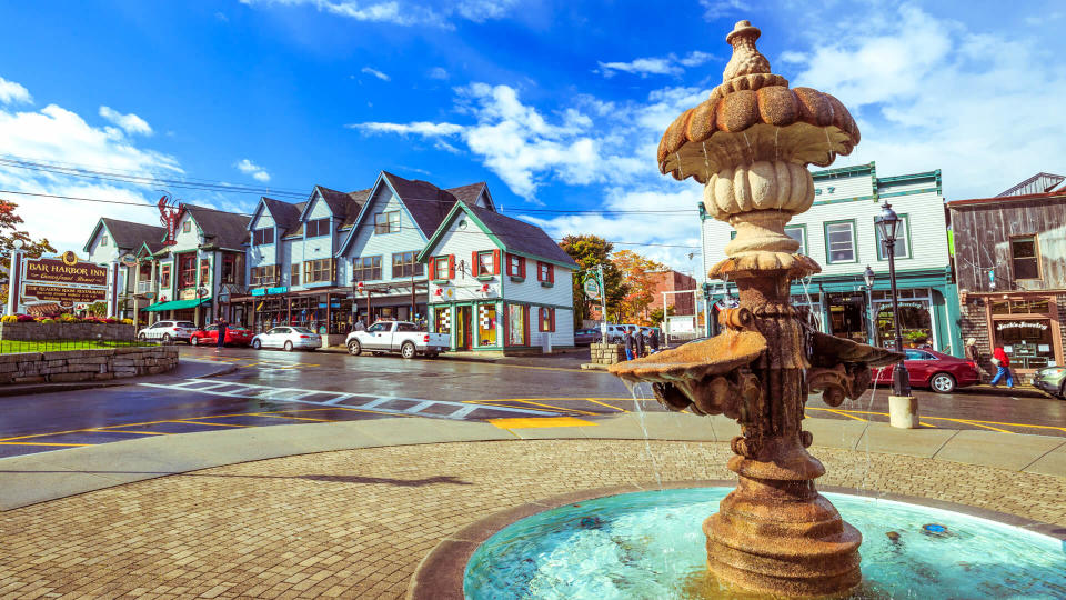 BAR HARBOR-OCT 17: Bar Harbor architecture in downtown near Frenchman Bay in Maine, USA on October 17, 2015.