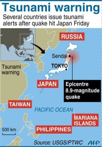 Graphic showing places that have issued tsunami warnings following the 8.9-magnitude quake in Japan. One of the strongest earthquakes ever recorded has hit Japan, unleashing a 10-metre high tsunami that tossed ships inland and sparked fears that destructive waves could hit across the Pacific Ocean