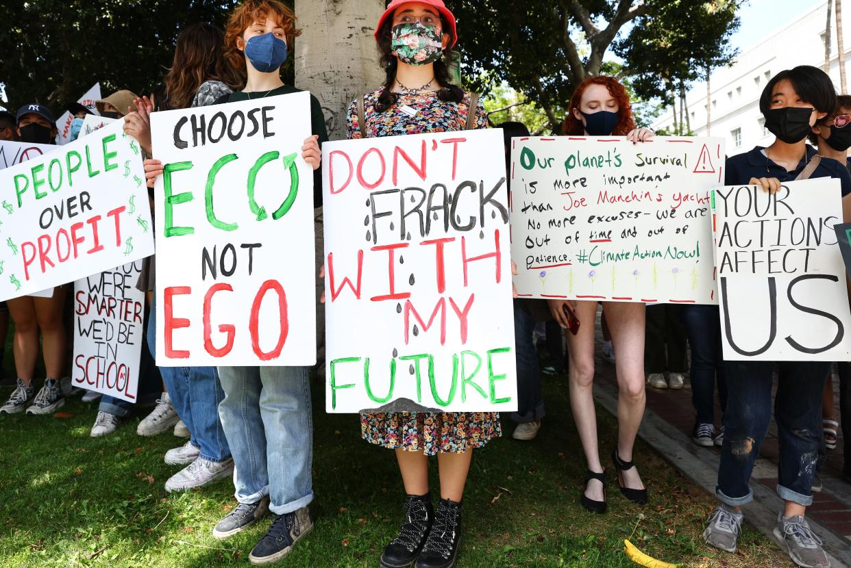 LOS ANGELES, CALIFORNIA - MARCH 25: Young climate activists participate in Youth Climate Strike LA outside City Hall on March 25, 2022 in Los Angeles, California. Students protested at youth climate strikes around the country to call for government action on climate change. (Photo by Mario Tama/Getty Images)
