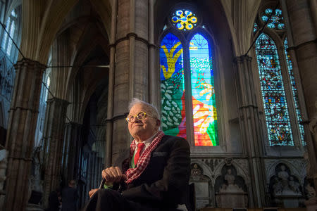 British artist David Hockney poses in front of The Queen's Window, a new stained glass window he has designed, at Westminster Abbey in London, Britain, September 26, 2018. Victoria Jones/Pool via REUTERS