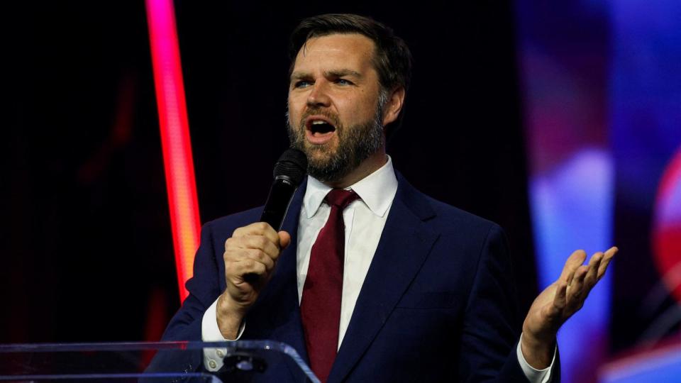 PHOTO: Senator J.D. Vance speaks at an event held by the national conservative political movement, 'Turning Point' in Detroit, MI, June,16, 2024.  (Rebecca Cook/Reuters)