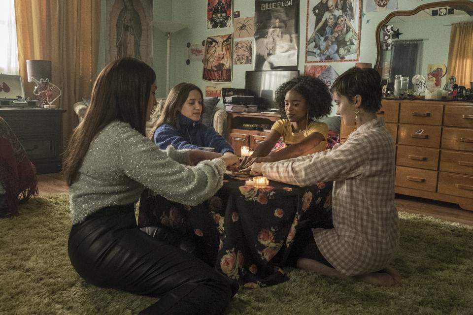 Zoey Luna, Gideon Adlon, Lovie Simone and Cailee Spaeny performing a ritual in 'The Craft: Legacy'<span class="copyright">Rafy Photography—©2020 CTMG, Inc. All Rights Reserved.</span>