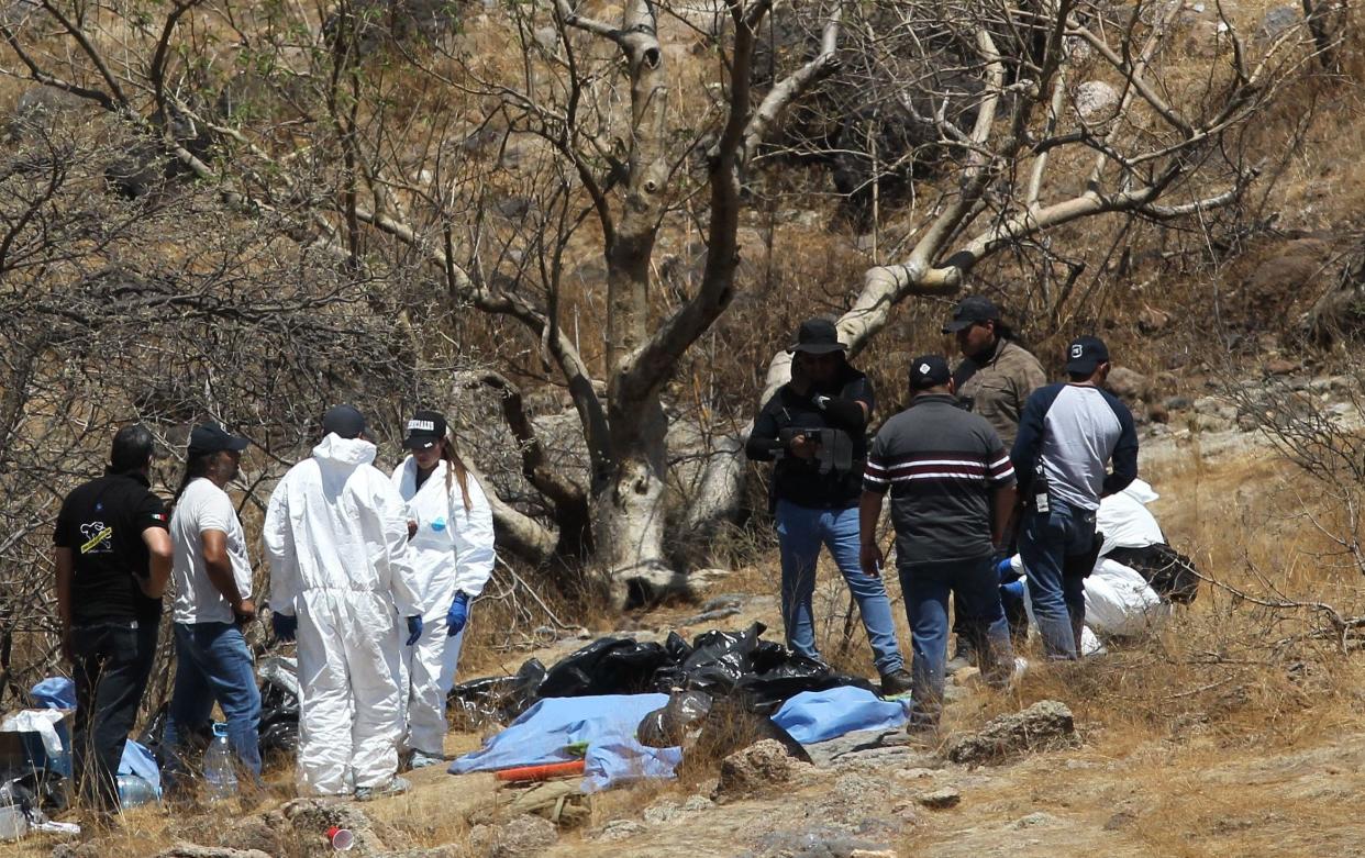 Forensic experts work with several bags of human remains extracted from the bottom of a ravine by a helicopter, which were abandoned in Zapopan, Jalisco state - AFP