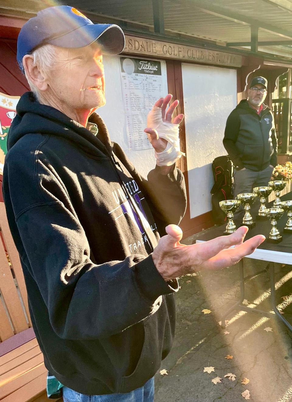 Legendary Wallenpaupack Area skipper Bob Simons addresses the crowd at this year's Wayne County Commissioners Cup. Simons is the all-time winningest golf coach in PIAA high school history.