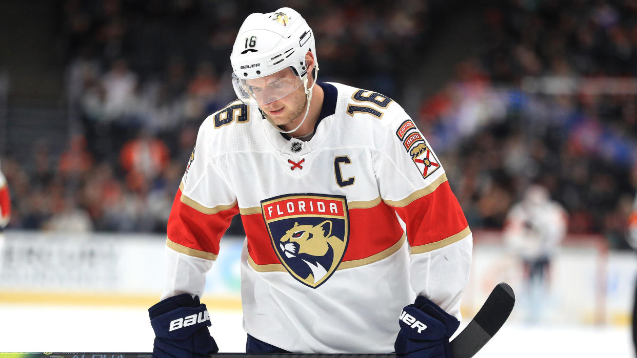 ANAHEIM, CALIFORNIA - FEBRUARY 19:  Aleksander Barkov #16 of the Florida Panthers looks on during the second period of a game against the Anaheim Ducks at Honda Center on February 19, 2020 in Anaheim, California. (Sean M. Haffey/Getty Images)